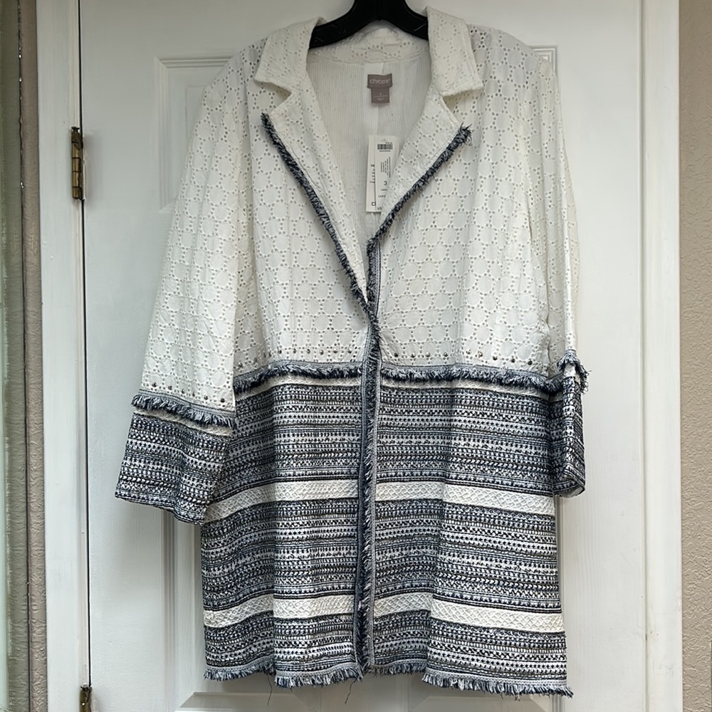 Chico's Cotton Eyelet Topper Embellished Jacket-Size XL (16-18)  NWT